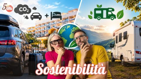 Valeria e Matteo di 5 in CAMPER davanti a un confronto tra auto e hotel e una vacanza in camper, con simboli della sostenibilità ambientale.