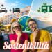 Valeria e Matteo di 5 in CAMPER davanti a un confronto tra auto e hotel e una vacanza in camper, con simboli della sostenibilità ambientale.
